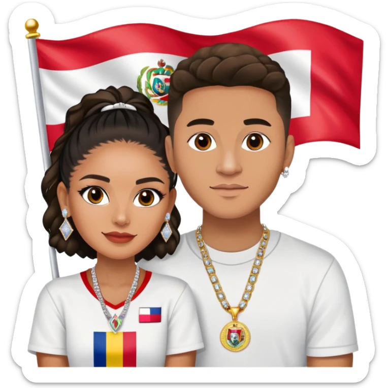 Internet celebrity Josh King Madrid jetset wearing shiny diamond earrings and sparkly iced out diamond tennis necklace chains with tefi valenzuela sitting with him holding Peruvian flag celebrity tv show filming  sticker