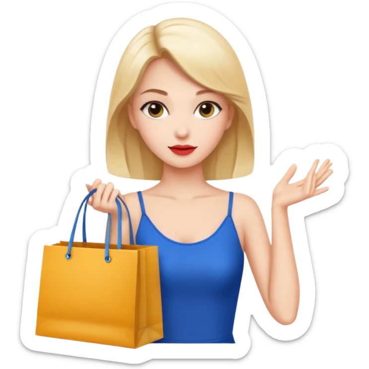 Glam girl calmly choosing one premium shopping bag, giving a small approving nod — quality over quantity sticker