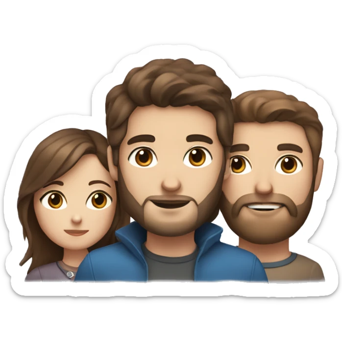 Woman with brown hair and blue eyes with man with brown hair and brown eyes and a beard holding a small gray cat sticker