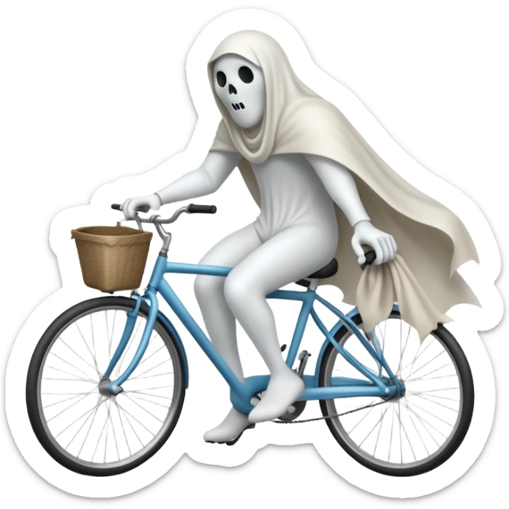 Ghost on bicycle, 3d pictograph, full body, male, arms covered with cloth and invisible, holding handlebars sticker