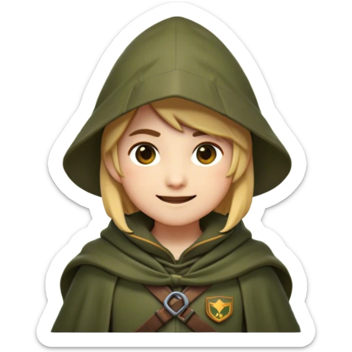 Clash of Clans aesthetic Playful Ranger Portrait Emoji, Head tilted with a friendly, mischievous smile and bright, curious eyes, featuring a compact, nimble build outfitted in rugged, earthy gear and a stylish cloak, his natural skin tone adding authenticity, Simplified yet irresistibly charming features, highly detailed, glowing with a warm, inviting forest glow, high shine, spirited and lively, stylized with an air of whimsical woodland adventure, soft glowing outline, capturing the essence of a playful ranger exuding friendly natural charm! sticker