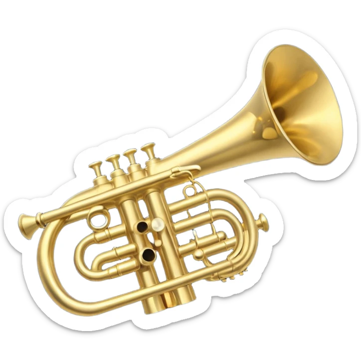 “Flat vector icon of a golden trumpet in side view with mouthpiece, bell, and three simple valves, thick dark outline, minimal details, centered on a deep navy blue rounded-square (or circle) background. Transparent outside the background, PNG.” sticker