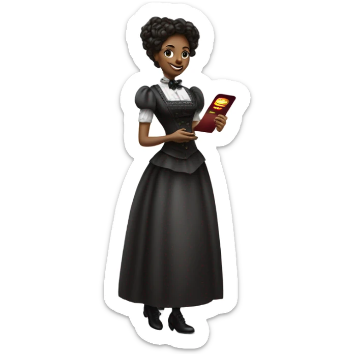 galora waitress in Victorian dress elegant, full body, holding big credit card sticker