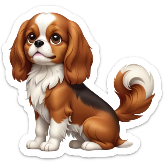 cinematic-[cavalier king charles dog]-realistic-full-body-sitting-emoji,-tail-resting-loosely-beside-its-paws,-head-tilted-dramatically,-sleek-[brown and white]-fur,-simplified-yet-realistic-focused-features,-highly-detailed,-glowing-with-an-almost-sarcastic-glow sticker