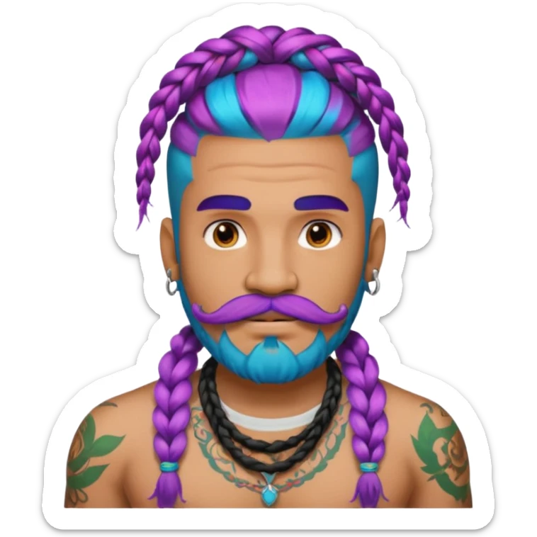 big lose braids starting from the top sides of the head hair like a unicorn man with mustache face wiith big visible loose only two braids and lots and lots of colored face tattoos colored tattoos like a tattoo artist hair unique color and beard sticker