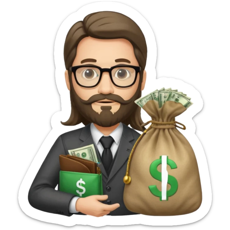 Un emprendedor (emoji con ordenador) de unos 50 años con barba y pelo largo más gafas de pasta y con un icono de ordenador y una bolsa de dinero sticker
