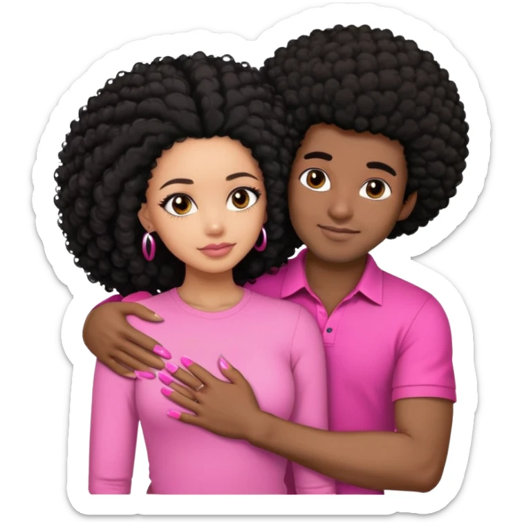 Lightskin woman with black hair and pink shirt and pink nails hugging darkskin man with afro kinky hair sticker