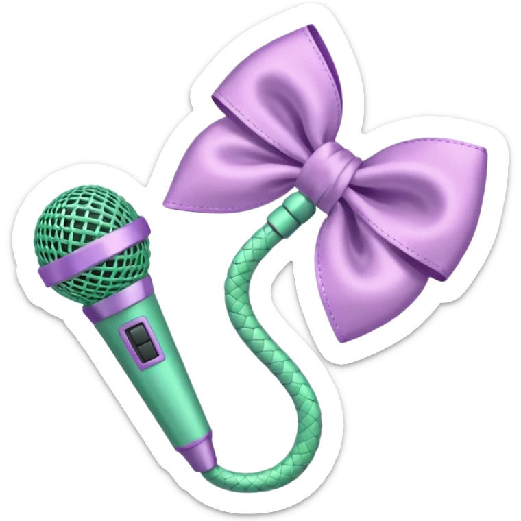 A pastel pink bow with a pastel green snake on the top of one side and a pastel purple microphone on the bottom of the other side sticker