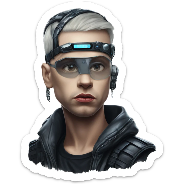 Cyberpunk Eminem in bladerunner style, oil paint, epic eyes, intricate lips, exquisite pose, beautiful, desirable, logical sticker