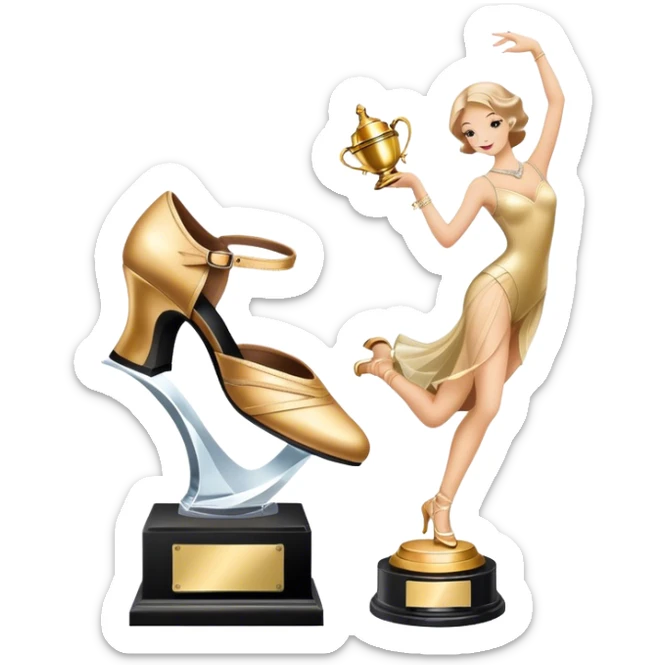 Icon for Ballroom Dancing: a pair of ballroom shoes, a dance floor with lighting, and a decorative dance trophy. The icon should represent the elegance and rhythm of ballroom dance through its key symbols. Transparent background. sticker
