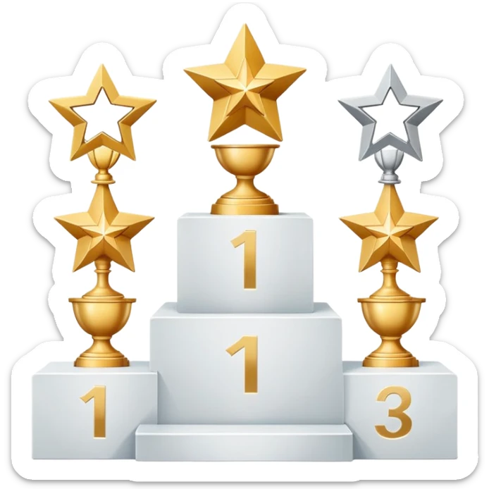 Create an emoji of a podium with three levels. The first place should have a golden trophy with a star on the front, the second place should have a silver trophy with two stars, and the third place should have a bronze trophy with two stars. The trophies should be placed on white pedestal platforms, with the numbers 1, 2, and 3 clearly visible on each base. The style should be clean, modern, and minimalist, similar to the digital design shown in the uploaded file sticker