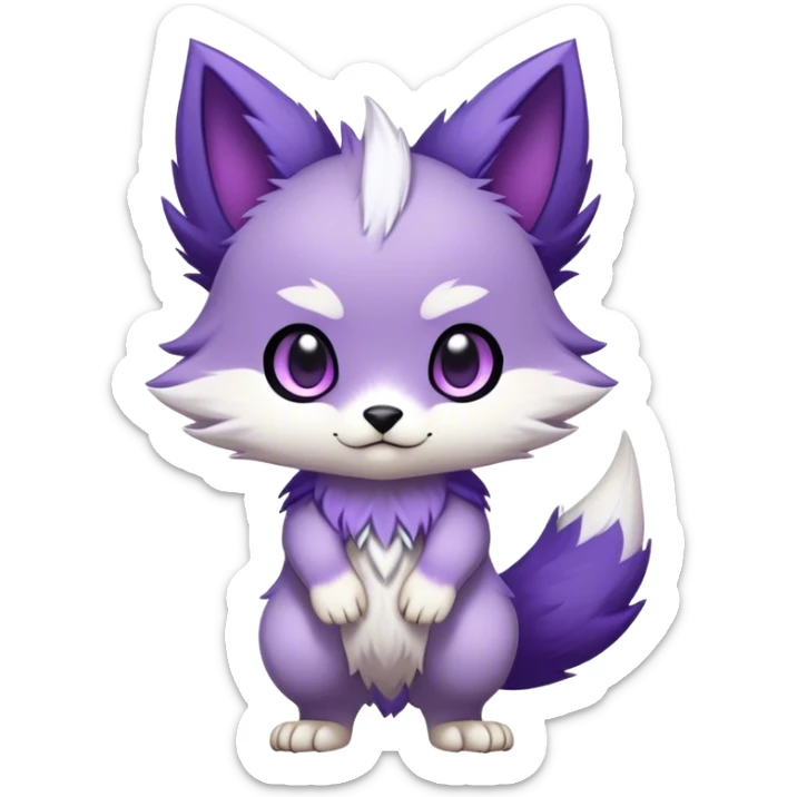  High quality Cute Cool Kawaii edgy Chibi Fur-Sona Purple fur, white belly, white tail tip, Fakemon-creature-animal-vernid-hybrid Full Body, facial markings sticker