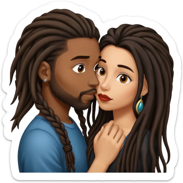 Latina Woman with long hair kissing a young black guy with dreads goatee sticker