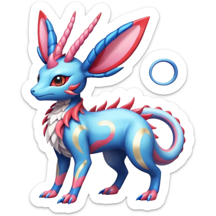 Shiny Horned Heliolisk-Sylveon-Salandit-Amaura-Fakémon-hybrid-creature (full body)  sticker