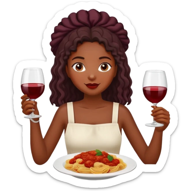 Black girl with glass of wine and eating pasta sticker