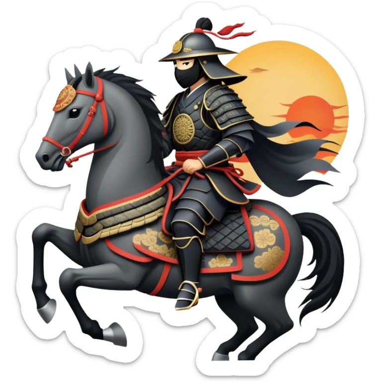 clash-of-clans-aesthetic_-cinematic-fearsome-and-majestic-samurai-bust-portrait-emoji, rendered in a flat, vector-style with minimal shading and bold, simplified shapes typical of emoji art, depicting a battle-hardened samurai with black mask and traditional black Japanese armor. The samurai is riding a noble grey warhorse adorned with an intricately designed saddle and fluttering banners and a rising sun. a samurai on a   horse sticker
