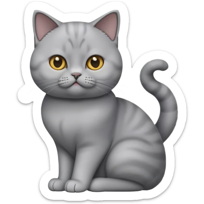 cinematic-[British shorthair cat]-realistic-full-body-sitting-emoji,-tail-curled-playfully-around-its-paws,-head-tilted-dramatically,-sleek-[grey]-fur,-simplified-yet-hilariously-adorable-features,-highly-detailed,-glowing-with-an-almost-sarcastic-glow sticker