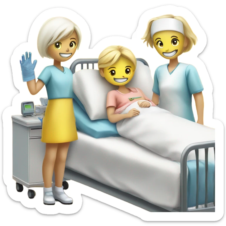 Two blonde children, sick, wearing masks, one Boy, one girl, sick in beds, at home, get well soon sign with yellow heart, blonde nurse at the head of the beds sticker