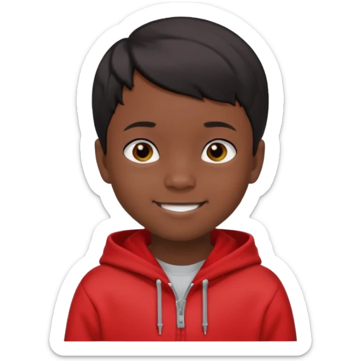 niño de 7 años, con pelo y piel negra. sudadera roja, pelo muy corto  sticker