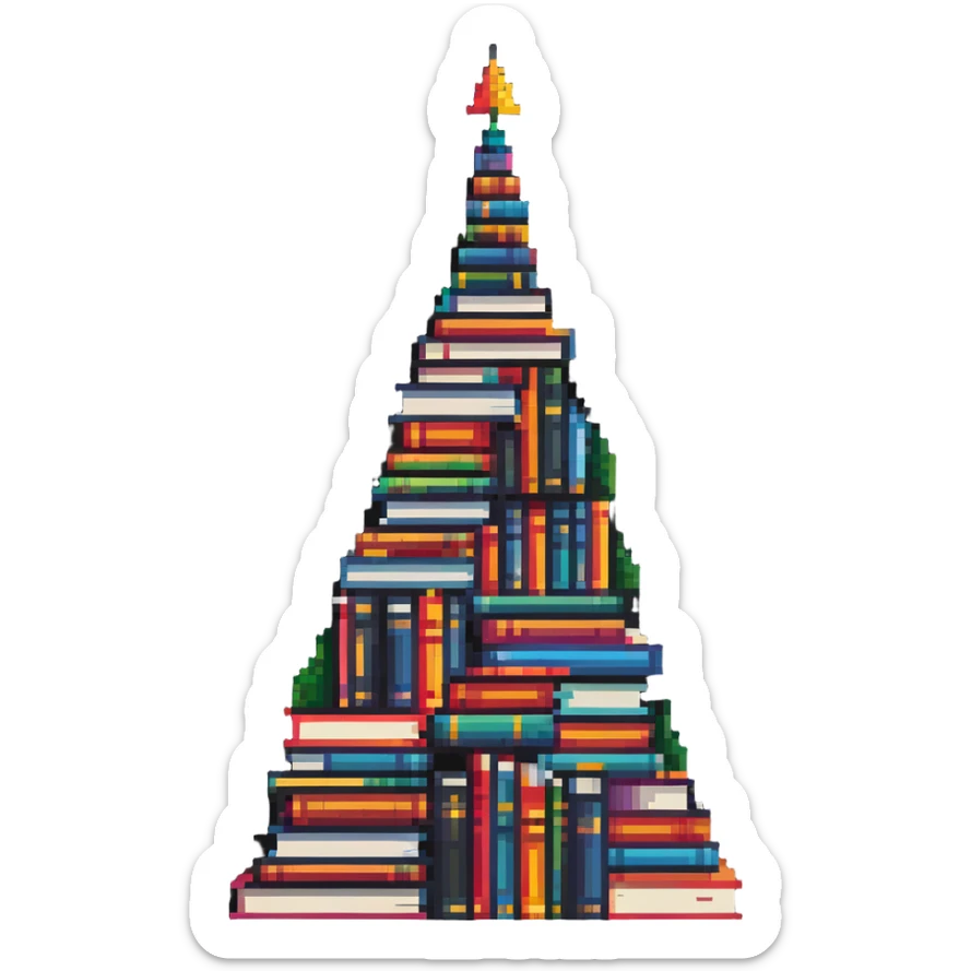 A mountain peak made entirely of colorful stacked books reaching high sticker