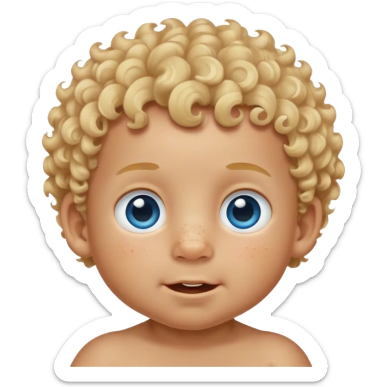 A baby boy that’s a toddler age with curly blonde hair and blue eyes and a butt nose in for freckles on his cheeks and little tiny teeth and that’s it sticker