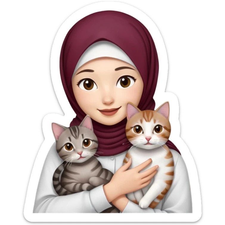 Asian white Girl wearing dark maroon hijab with white shirt smiling while holding a black brown grey tabby cat sticker