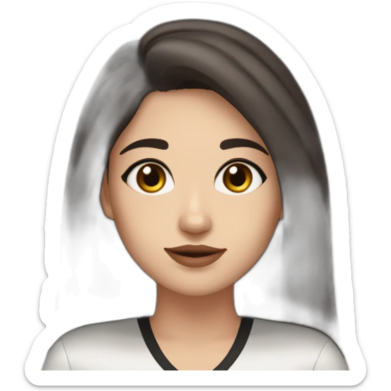 White women with long dark brown hair and long eyelashes dark brown eyes and thick dark brown eyebrows with the black dog with a white stripe on the neck and ears raised up sticker