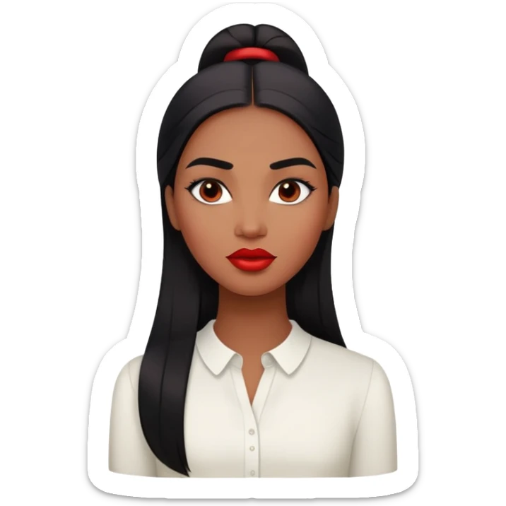 Young woman with medium to dark brown skin, oval face, high cheekbones, dark brown eyes, thick eyebrows, red lipstick, long straight black hair, wearing a white blouse sticker