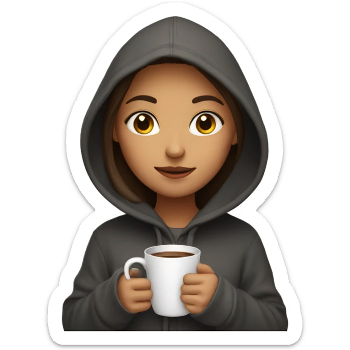 Girl with a hoodie, holding her cup of coffee and booj sticker