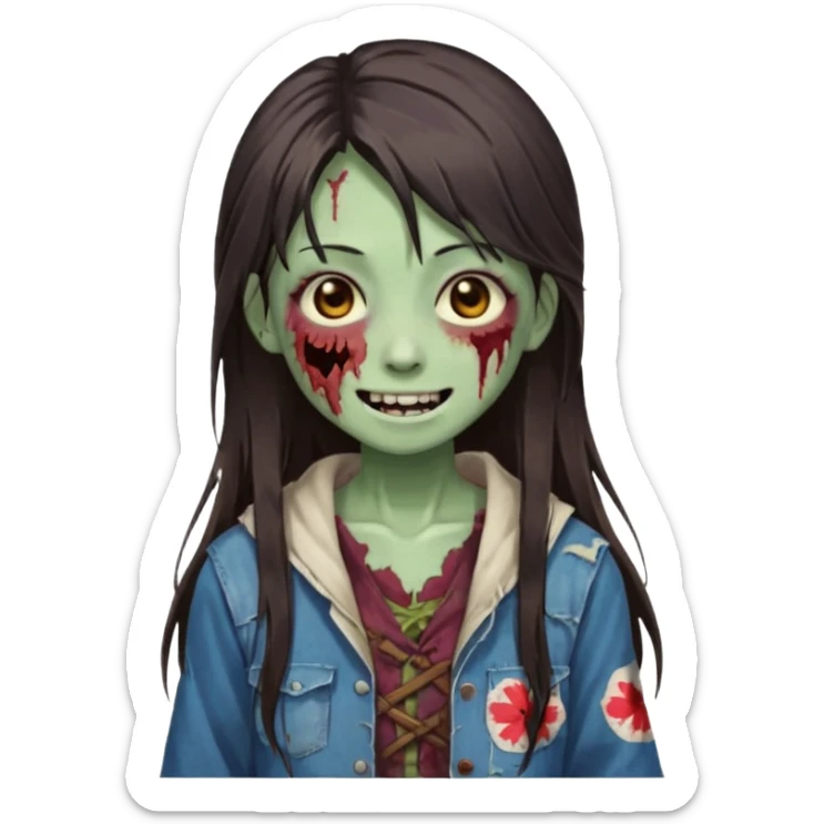 Japanese zombie girl smiling and long dark brown hair sticker
