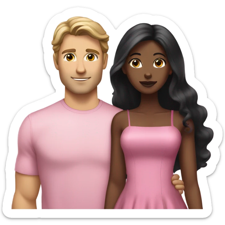 A handsome white man who has long brown hair and tanned skin with a pretty black woman who has long black hair and she is wearing a pink dress and they are a couple sticker
