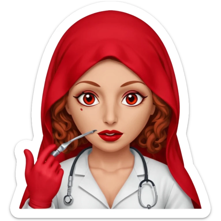 Lilith scalpel in hand, evil surgeon sexy surgeon clothes.  She has red eyes. She brown long curly hair. Wears sexy doctor outfit with red gloves.hair is free and brown  Wears red burka to hide her mouth and nose sticker