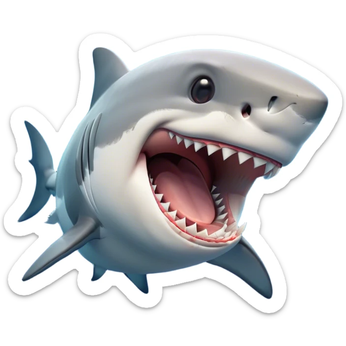Cinematic Cute Yawning Great White Shark Portrait Emoji, Head tilted slightly with a dramatic, wide-open yawn, showcasing its robust, streamlined form with a slightly open mouth revealing powerful jaws and sleepy, half-closed eyes, Simplified yet irresistibly adorable features, highly detailed, glowing with a soft, cozy oceanic glow, high shine, relaxed yet expressive, stylized with a hint of whimsical aquatic ease, soft glowing outline, capturing the essence of a drowsy yet affectionate great white shark that appears ready to stretch and yawn its way out of the screen! sticker