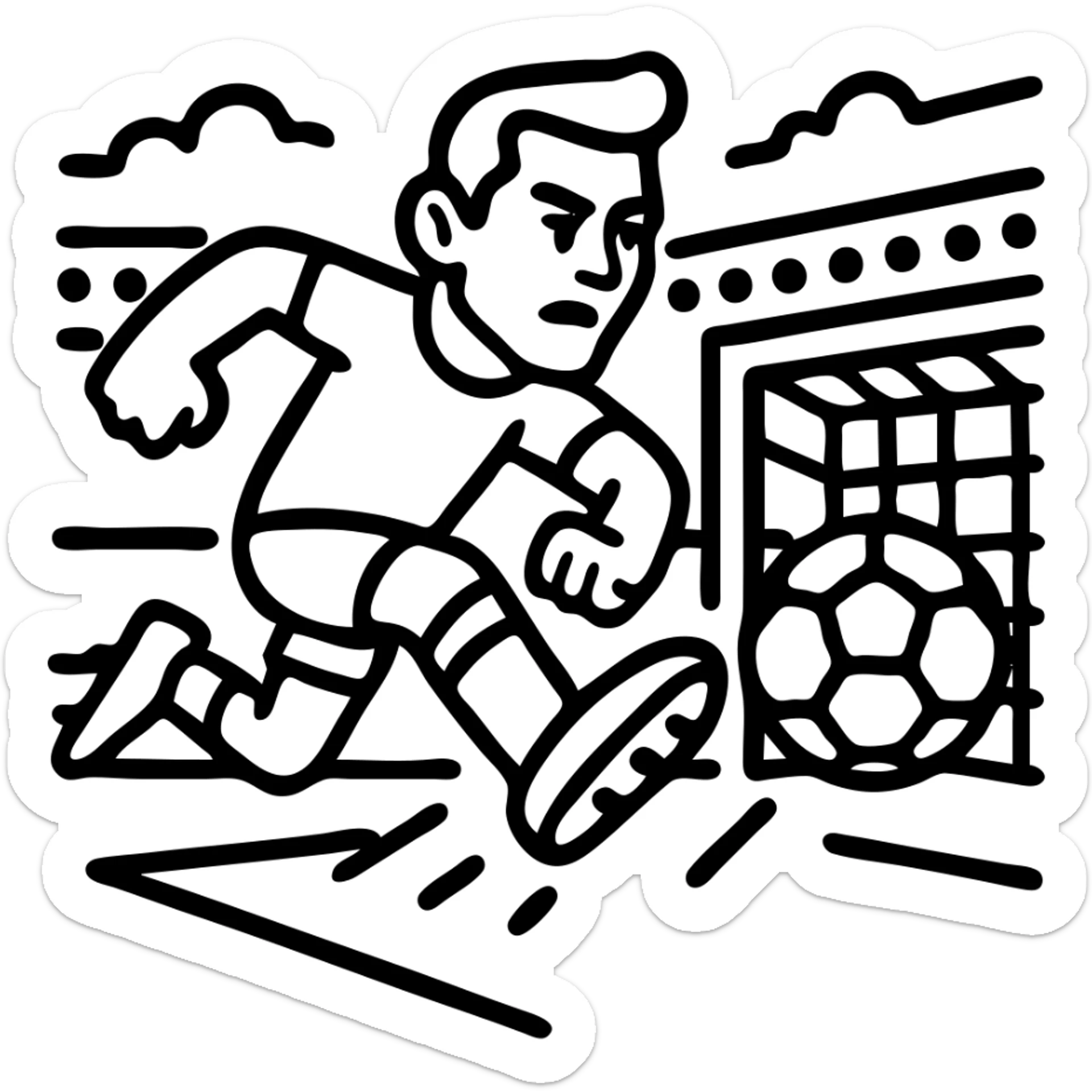 Change the soccer player to look like Cristiano Ronaldo, with his recognizable features and athletic build, maintaining the expressive movement and stadium background with bold outlines. sticker