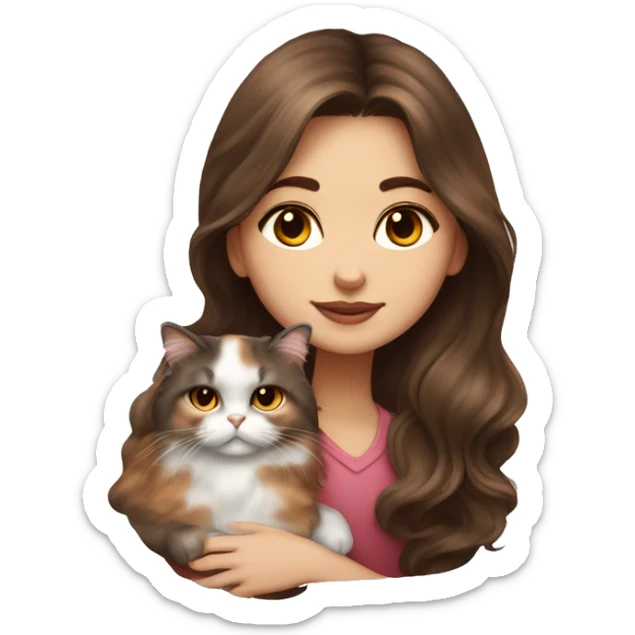 brunette girl with long wavy hair snuggling Calico Persian cat sticker