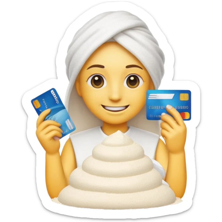 Happy emoji with a credit card in hand and a pile of flour infront of it sticker