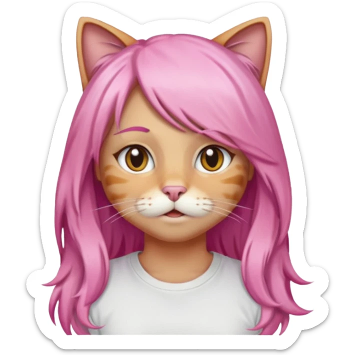 calico cat wear long pink hair wig, white T-shirt sticker