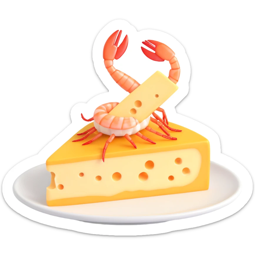 a piece of cheese sitting on top of a shrimp, fun and simple, clear subject sticker