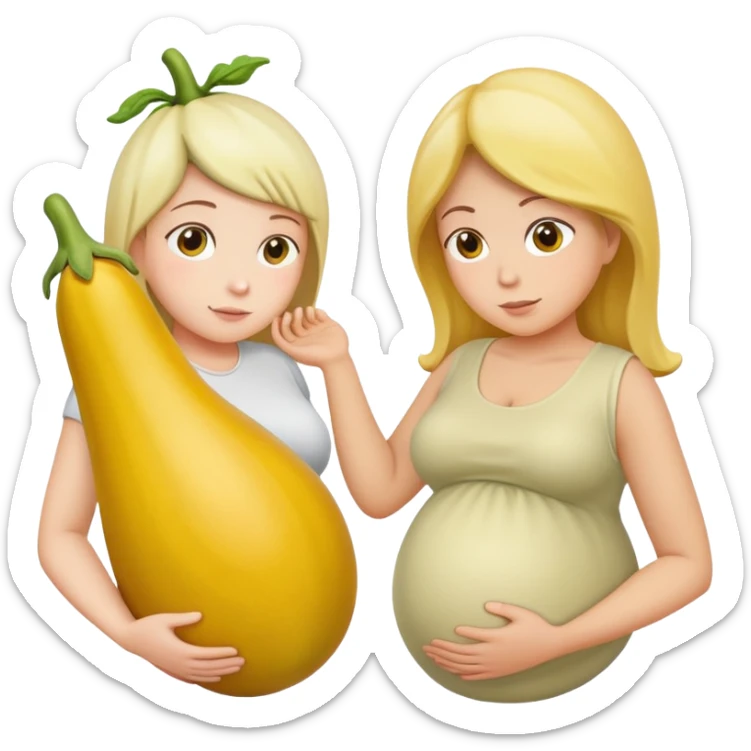 yellow eggplant attached to a pregnant person, with a bowing person turned to the side sticker