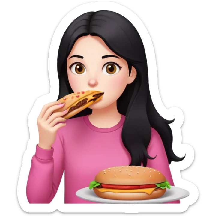 White girl in pink clothes and long black hair eating burger and pizza sticker
