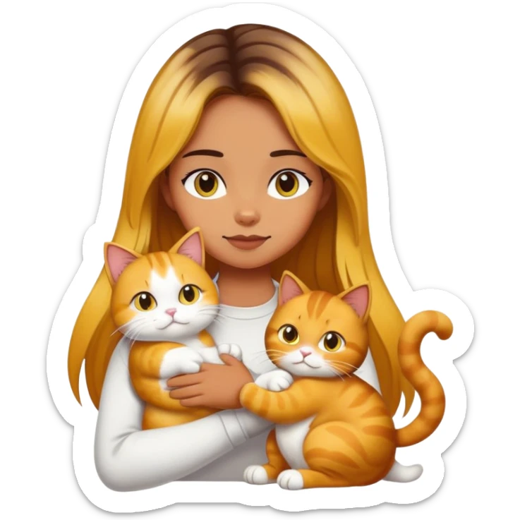 Girl with yellow and black Balayage longhair  petting her a white Garfield cat and a brown Garfield cat sticker