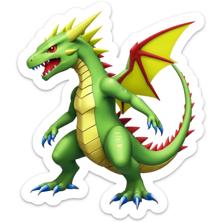 Cool edgy shiny Guilmon-Flygon-Tyranitar-Drudigon-Digimon-hybrid-fusion, yellow belly, full body sticker