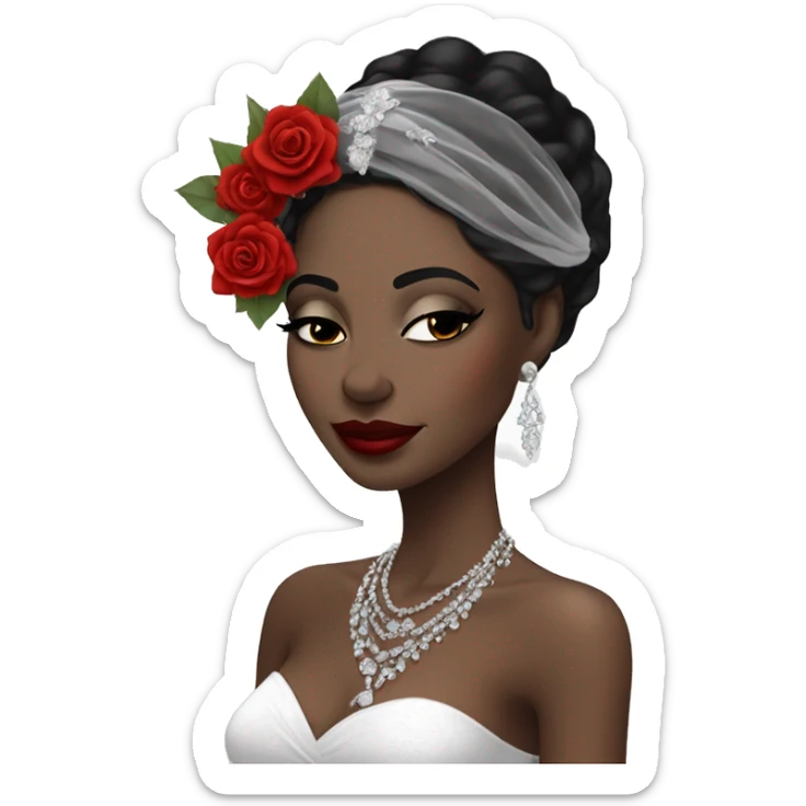 African bride. Makeup. Short black hair. Silver jewelry. Holding red roses. Eyes closed. sticker