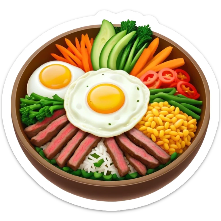 Cinematic Realistic Bibimbap Dish Emoji, showcasing a colorful bowl of mixed rice, assorted vegetables, beef, and a fried egg rendered with lifelike detail and vibrant, harmonious lighting. sticker