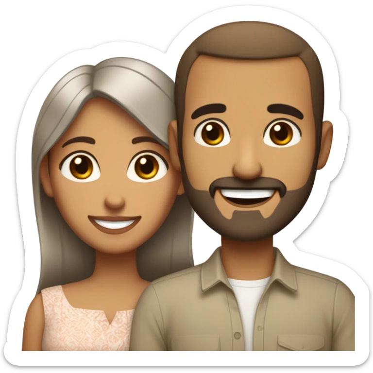 Brown-haired Puerto Rican woman with dark brown eyes wearing a cute blouse giving comforting hug to short, bald man with brown eyes, laugh lines, and a beard sticker