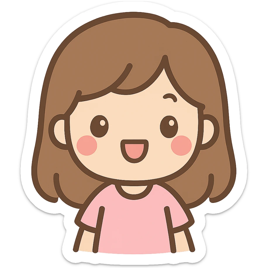 happy girl with medium straight brown hair, light skin tone, kawaii style sticker