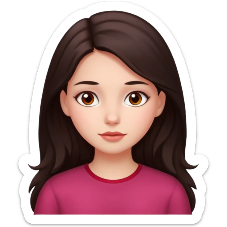 An emoji featuring a girl with dark brown long hair, brown eyes, light pinkish skin, red cheeks sticker
