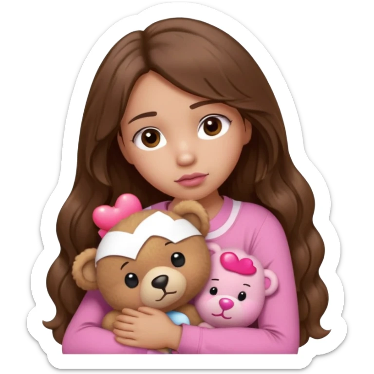 girl with long wavy brown hair, brown eyes, light to medium complexion, in a pink shirt, pink lips, long lashes, sad, hugging squeezing  a teddy bear with hearts sticker
