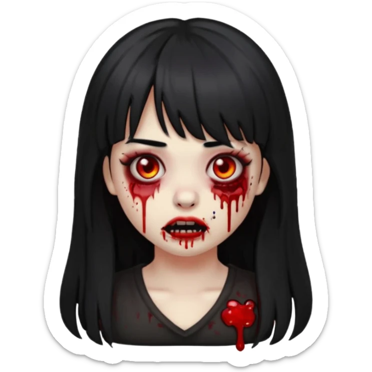 emoji-de-zumbi-garota-com-franja-piercing-no-nariz-e-sangue-com-o-fundo-preto-cabelo-grande-e-preto sticker