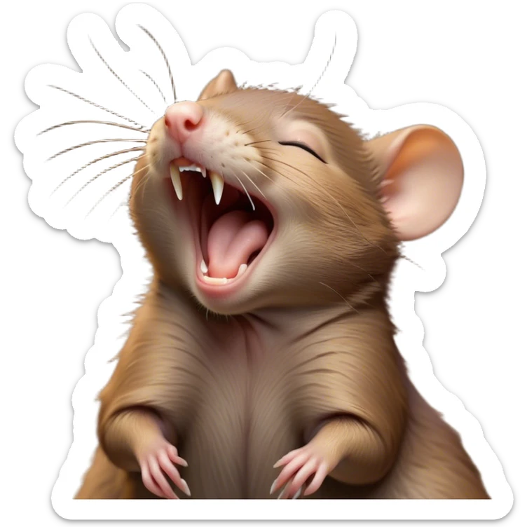Cinematic Cute Yawning Brown Rat Portrait Emoji, Head tilted slightly with a dramatic, wide-open yawn, showcasing a soft, sleek brown coat with tiny drooping ears and half-closed eyes in drowsy contentment, Simplified yet irresistibly adorable features, highly detailed, glowing with a soft, cozy glow, high shine, relaxed yet expressive, stylized with a dash of urban charm, soft glowing outline, capturing the essence of a sleepy yet affectionate rat that seems ready to stretch out for a nap! sticker